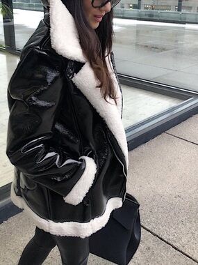 Black Faux Leather Aviator Jacket with White Sherpa Lining